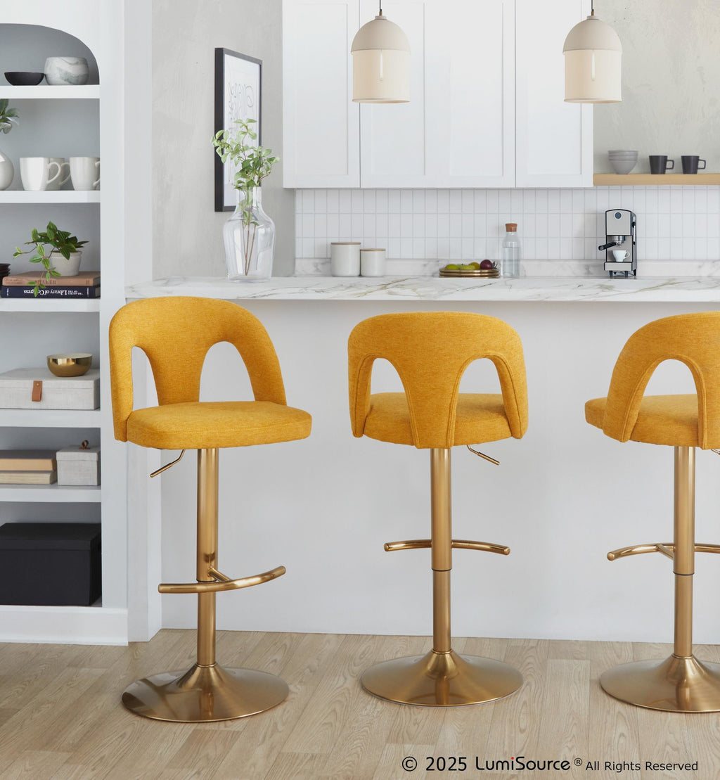 Ava Upholstered Adjustable Barstool - Set of 2 - Gold Metal, Yellow Fabric