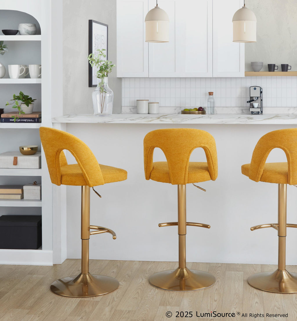 Ava Upholstered Adjustable Barstool - Set of 2 - Gold Metal, Yellow Fabric