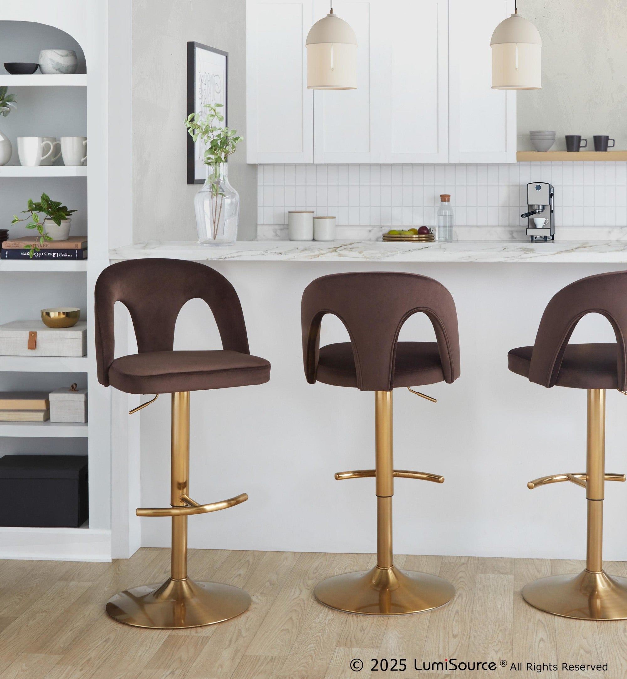 Ava Upholstered Adjustable Barstool - Set of 2 - Gold Metal, Espresso Velvet
