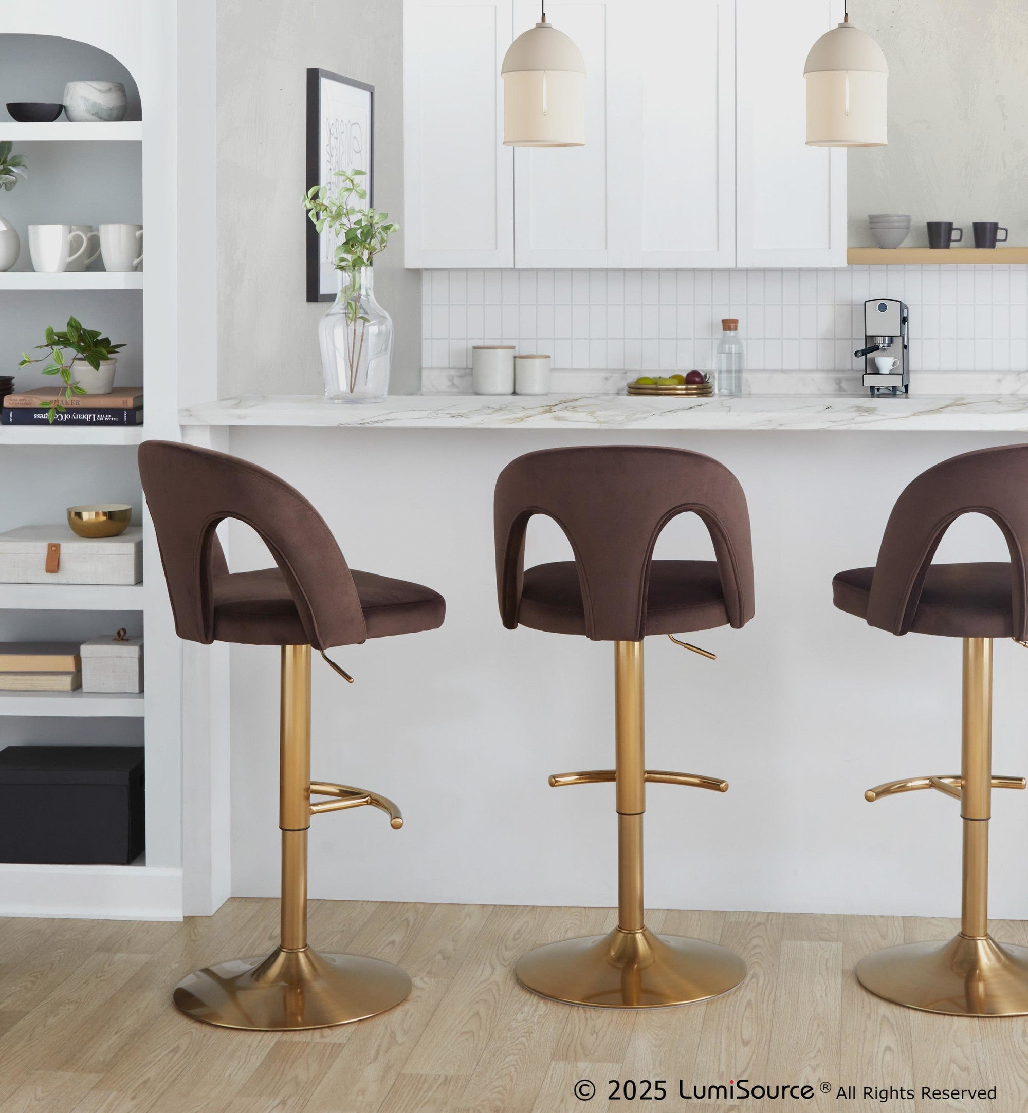 Ava Upholstered Adjustable Barstool - Set of 2 - Gold Metal, Espresso Velvet