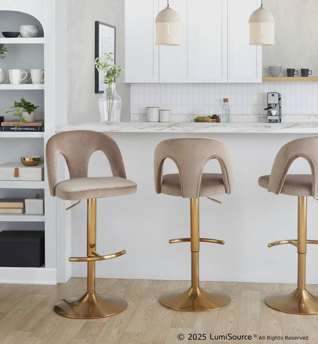 Ava Upholstered Adjustable Barstool - Set of 2 - Gold Metal, Taupe Velvet