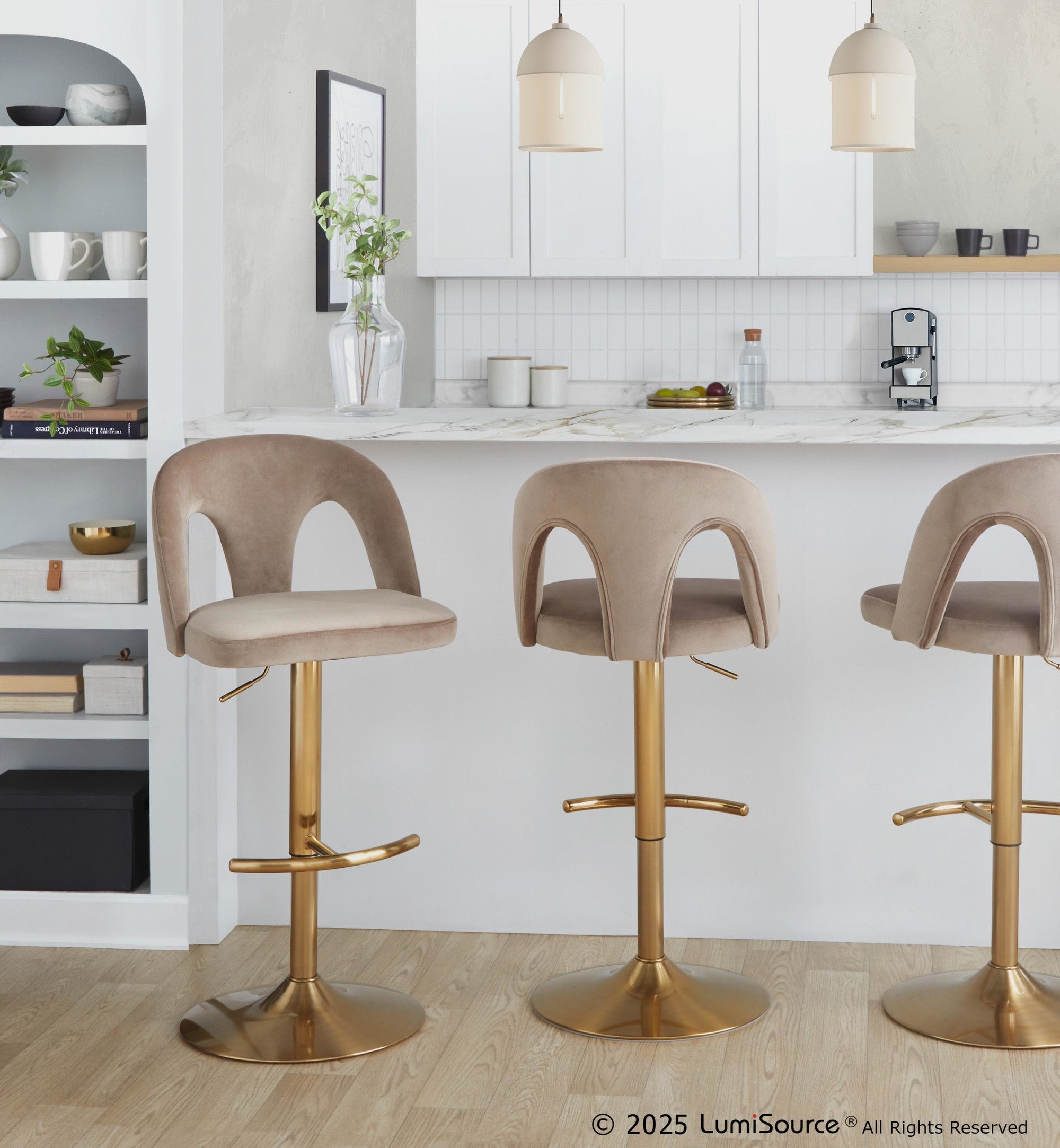 Ava Upholstered Adjustable Barstool - Set of 2 - Gold Metal, Taupe Velvet