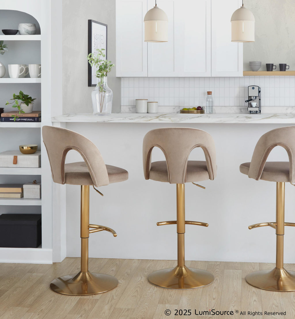Ava Upholstered Adjustable Barstool - Set of 2 - Gold Metal, Taupe Velvet