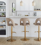 Ava Upholstered Adjustable Barstool - Set of 2 - Gold Metal, Taupe Velvet