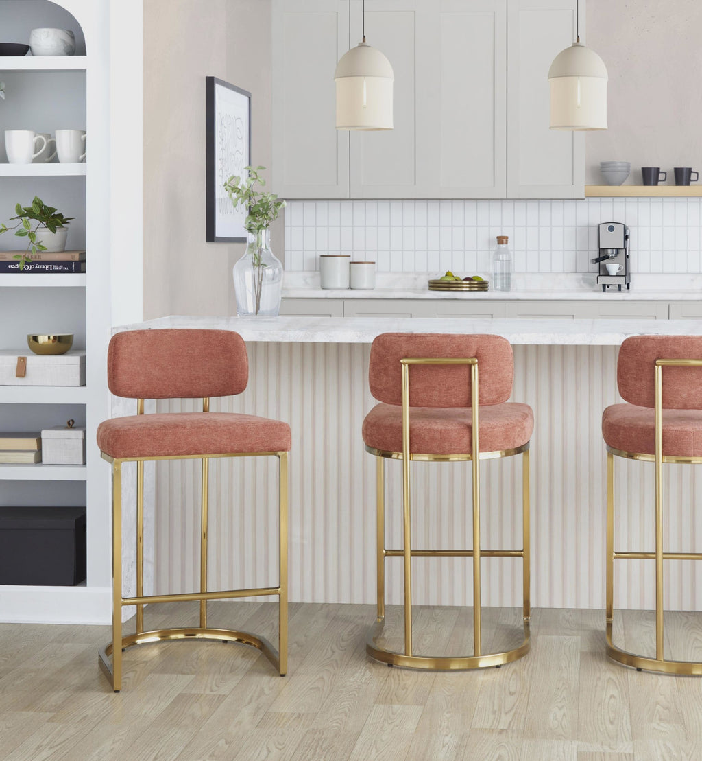 Mid-back Demi 26" Fixed-Height Counter Stool - Set of 2 - Gold Metal, Salmon Fabric