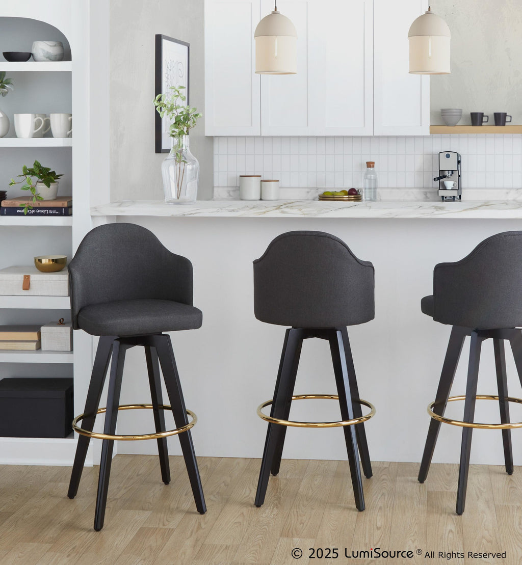 Ahoy Upholstered 30" Fixed-Height Barstool - Set of 2 - Black Wood, Charcoal Fabric, Gold Metal