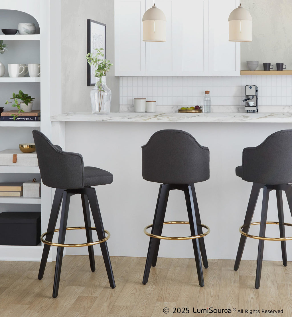 Ahoy Upholstered 30" Fixed-Height Barstool - Set of 2 - Black Wood, Charcoal Fabric, Gold Metal