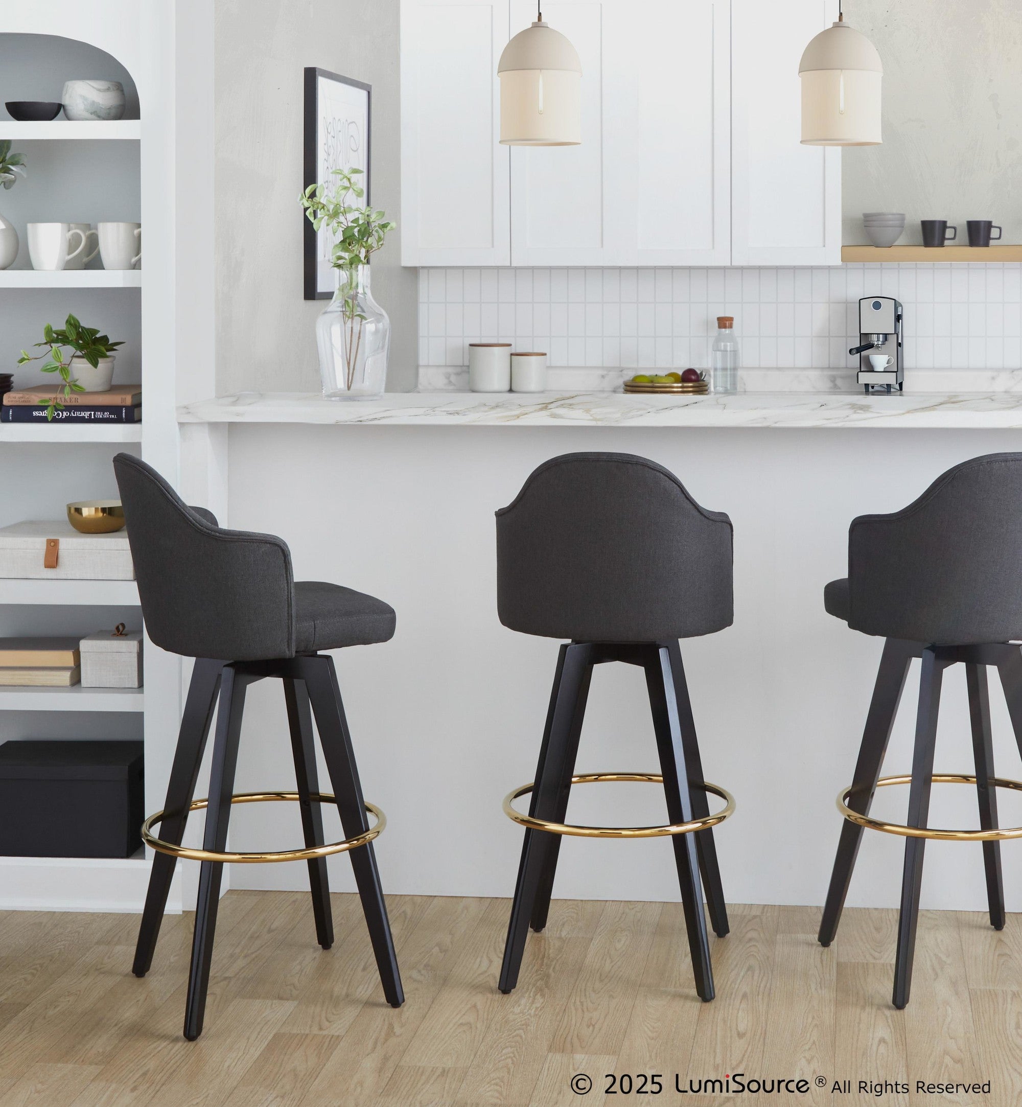 Ahoy Upholstered 30" Fixed-Height Barstool - Set of 2 - Black Wood, Charcoal Fabric, Gold Metal