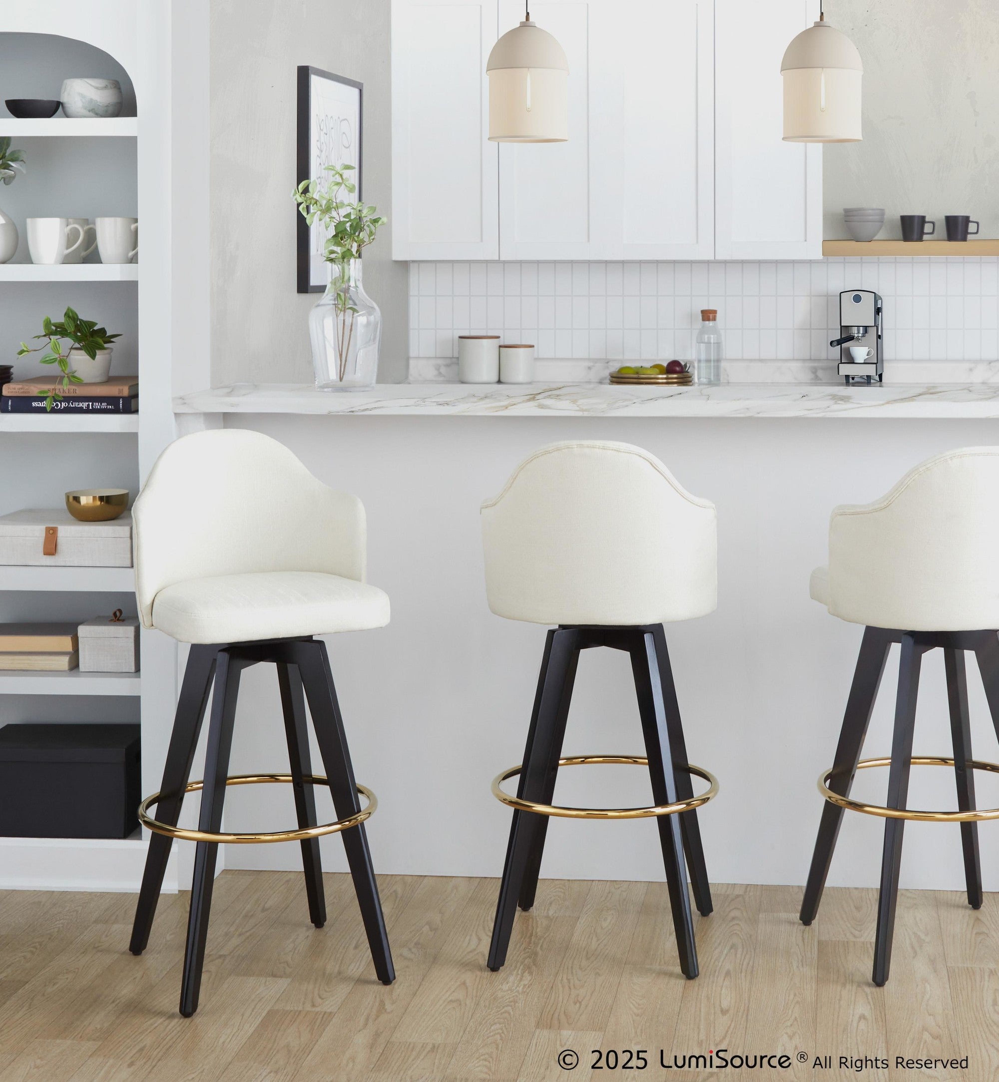Ahoy Upholstered 30" Fixed-Height Barstool - Set of 2 - Black Wood, Cream Fabric, Gold Metal