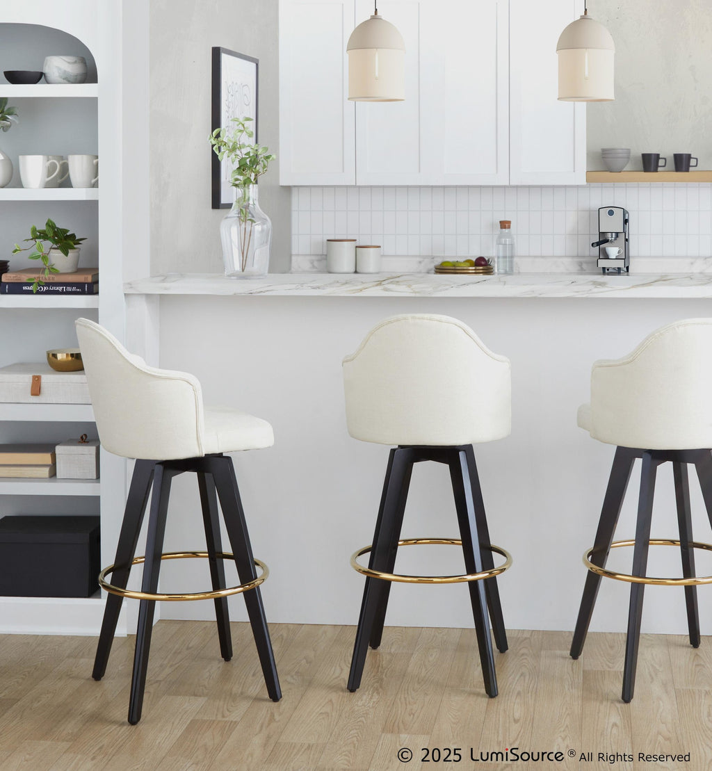 Ahoy Upholstered 30" Fixed-Height Barstool - Set of 2 - Black Wood, Cream Fabric, Gold Metal