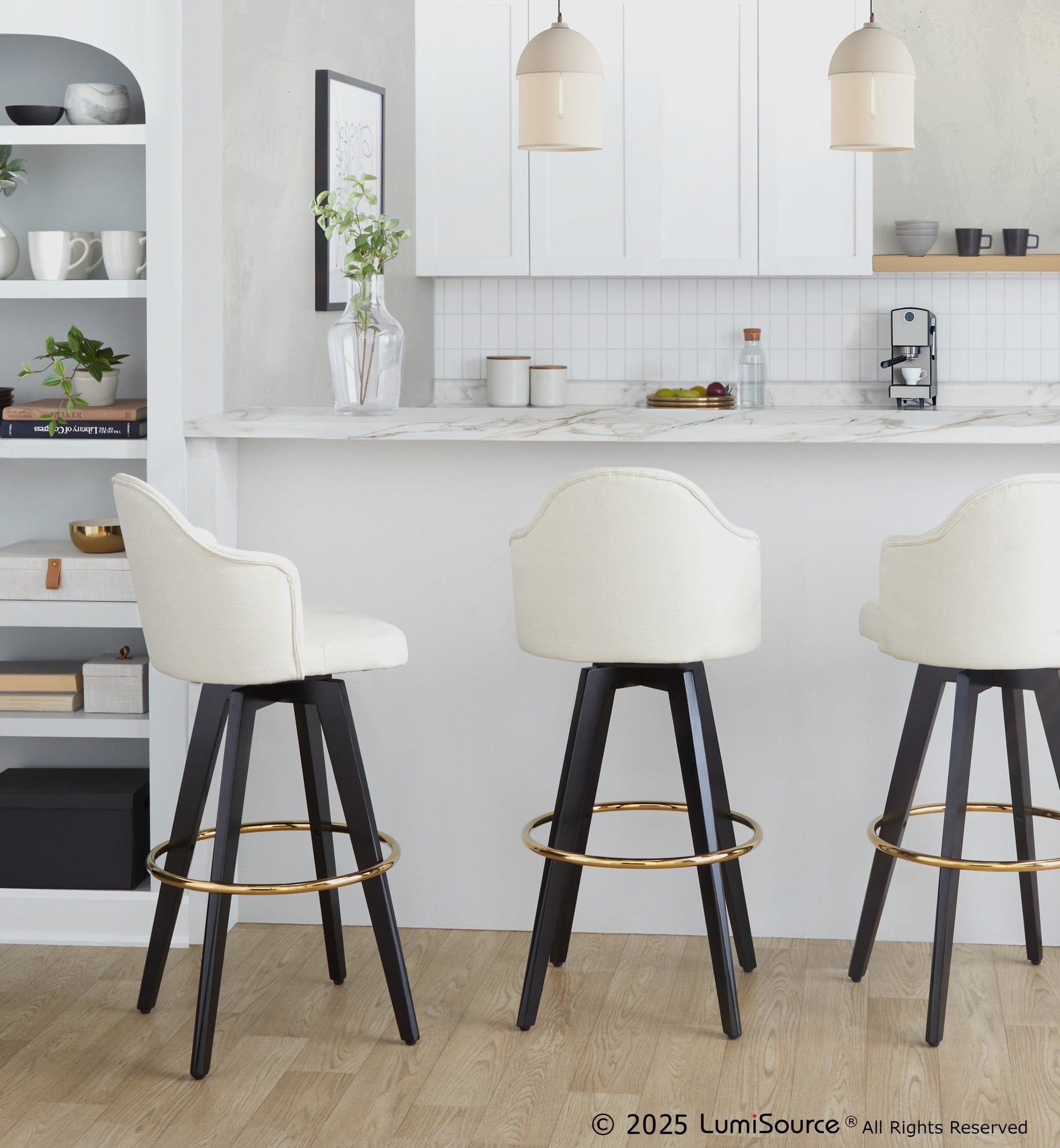 Ahoy Upholstered 30" Fixed-Height Barstool - Set of 2 - Black Wood, Cream Fabric, Gold Metal