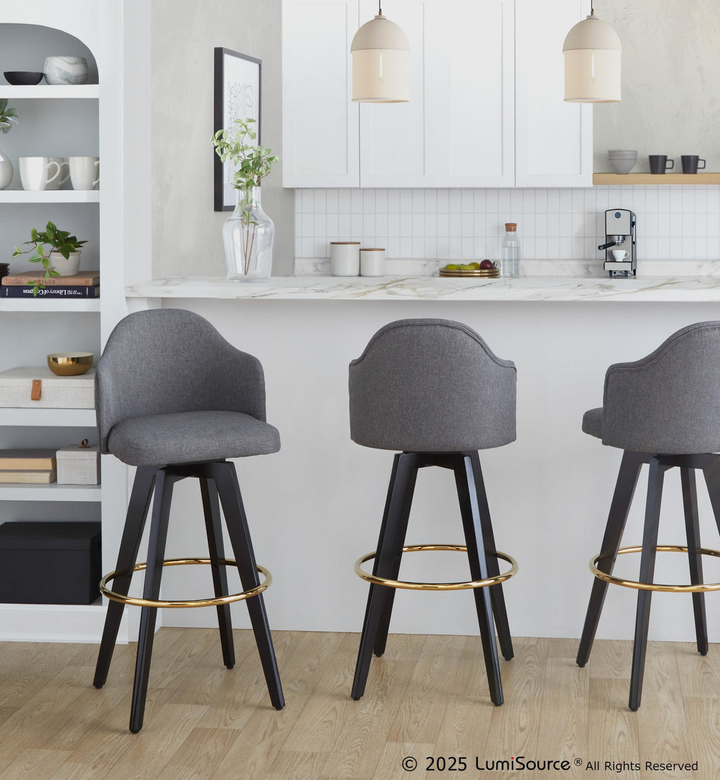 Ahoy Upholstered 30" Fixed-Height Barstool - Set of 2 - Black Wood, Grey Fabric, Gold Metal