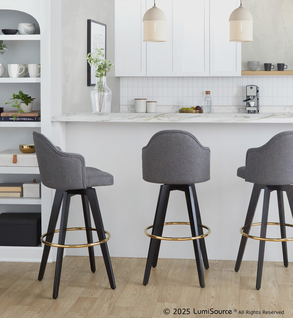 Ahoy Upholstered 30" Fixed-Height Barstool - Set of 2 - Black Wood, Grey Fabric, Gold Metal