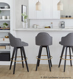Ahoy Upholstered 30" Fixed-Height Barstool - Set of 2 - Black Wood, Grey Fabric, Gold Metal