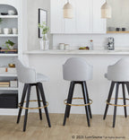 Ahoy Upholstered 30" Fixed-Height Barstool - Set of 2 - Black Wood, Light Grey Fabric, Gold Metal