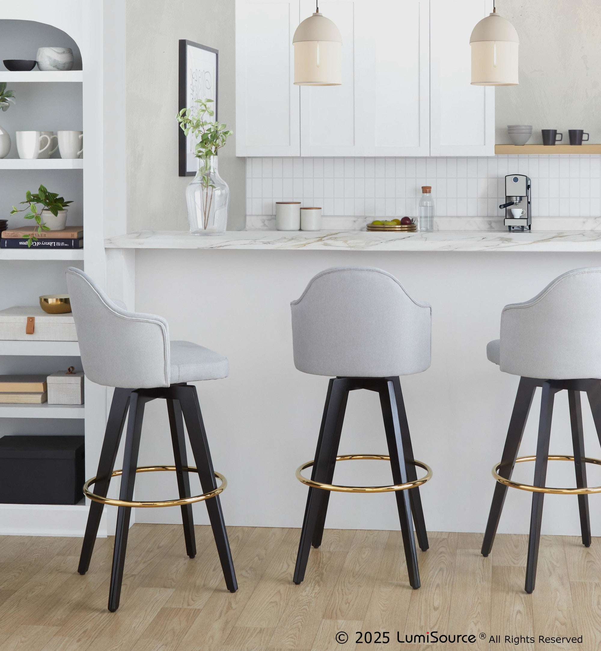 Ahoy Upholstered 30" Fixed-Height Barstool - Set of 2 - Black Wood, Light Grey Fabric, Gold Metal