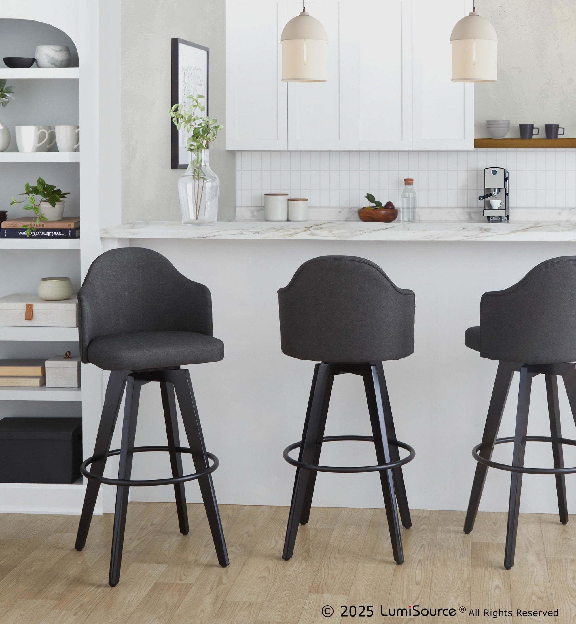 Ahoy Upholstered 30" Fixed-Height Barstool - Set of 2 - Black Wood, Charcoal Fabric, Black Metal