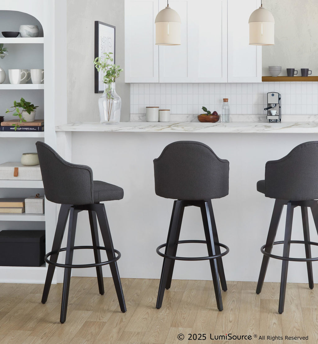 Ahoy Upholstered 30" Fixed-Height Barstool - Set of 2 - Black Wood, Charcoal Fabric, Black Metal