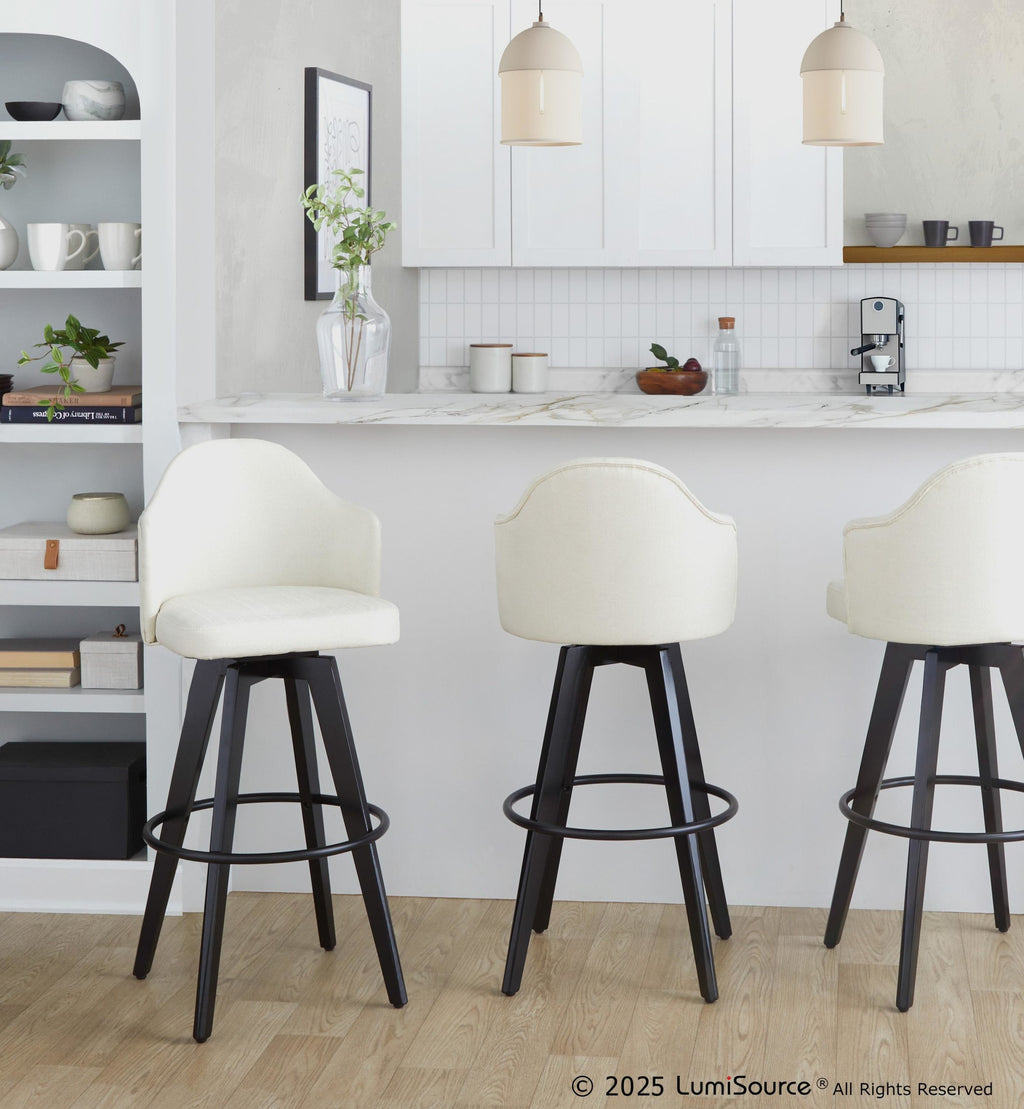 Ahoy Upholstered 30" Fixed-Height Barstool - Set of 2 - Black Wood, Cream Fabric, Black Metal