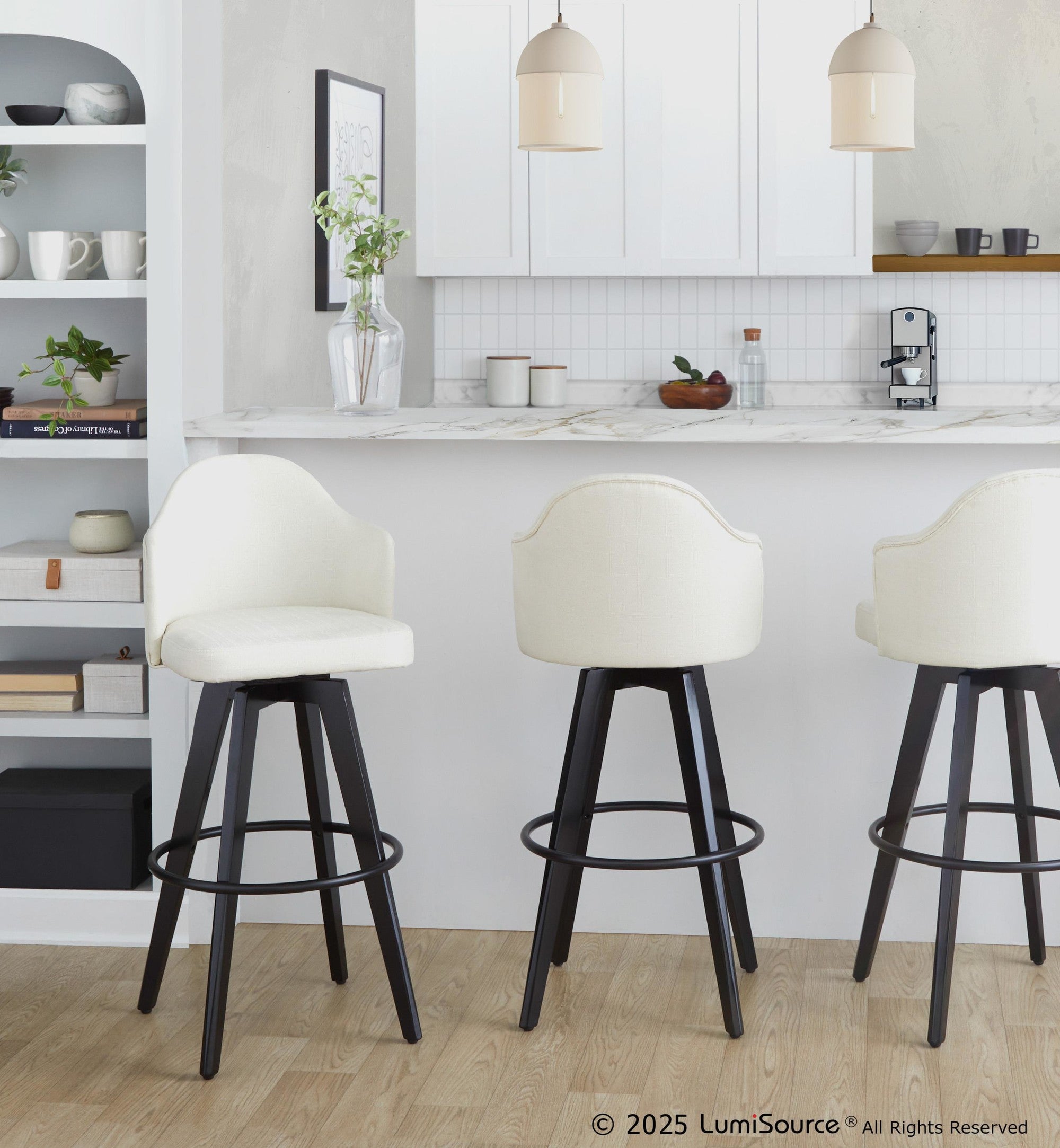 Ahoy Upholstered 30" Fixed-Height Barstool - Set of 2 - Black Wood, Cream Fabric, Black Metal