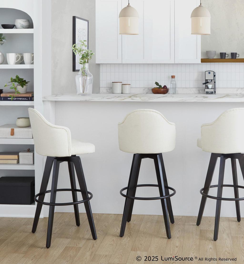 Ahoy Upholstered 30" Fixed-Height Barstool - Set of 2 - Black Wood, Cream Fabric, Black Metal
