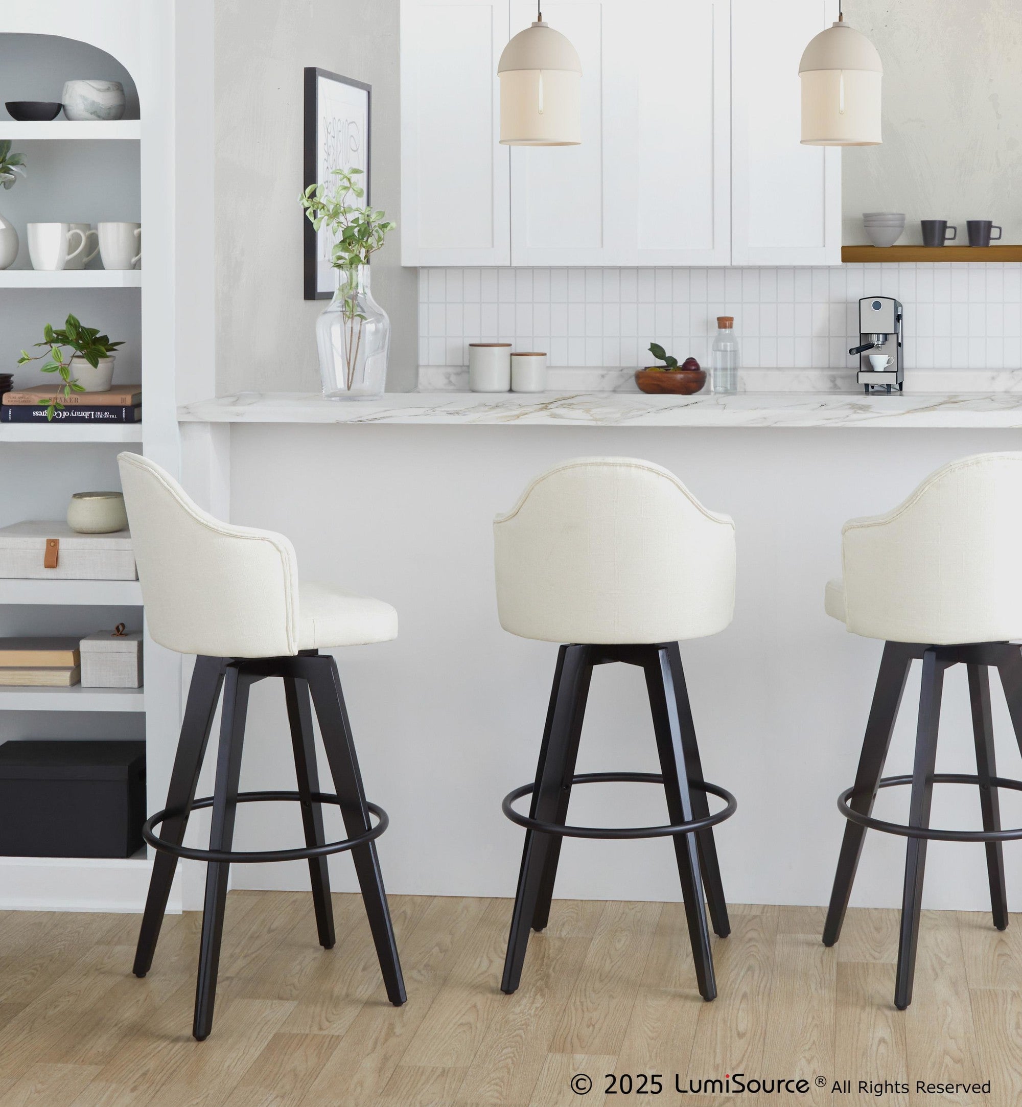 Ahoy Upholstered 30" Fixed-Height Barstool - Set of 2 - Black Wood, Cream Fabric, Black Metal