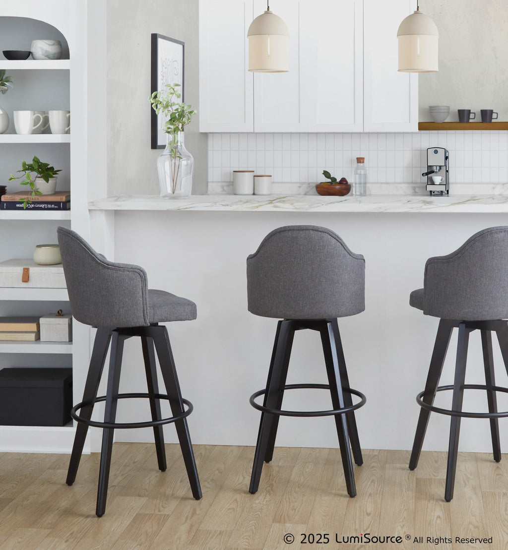 Ahoy Upholstered 30" Fixed-Height Barstool - Set of 2 - Black Wood, Grey Fabric, Black Metal