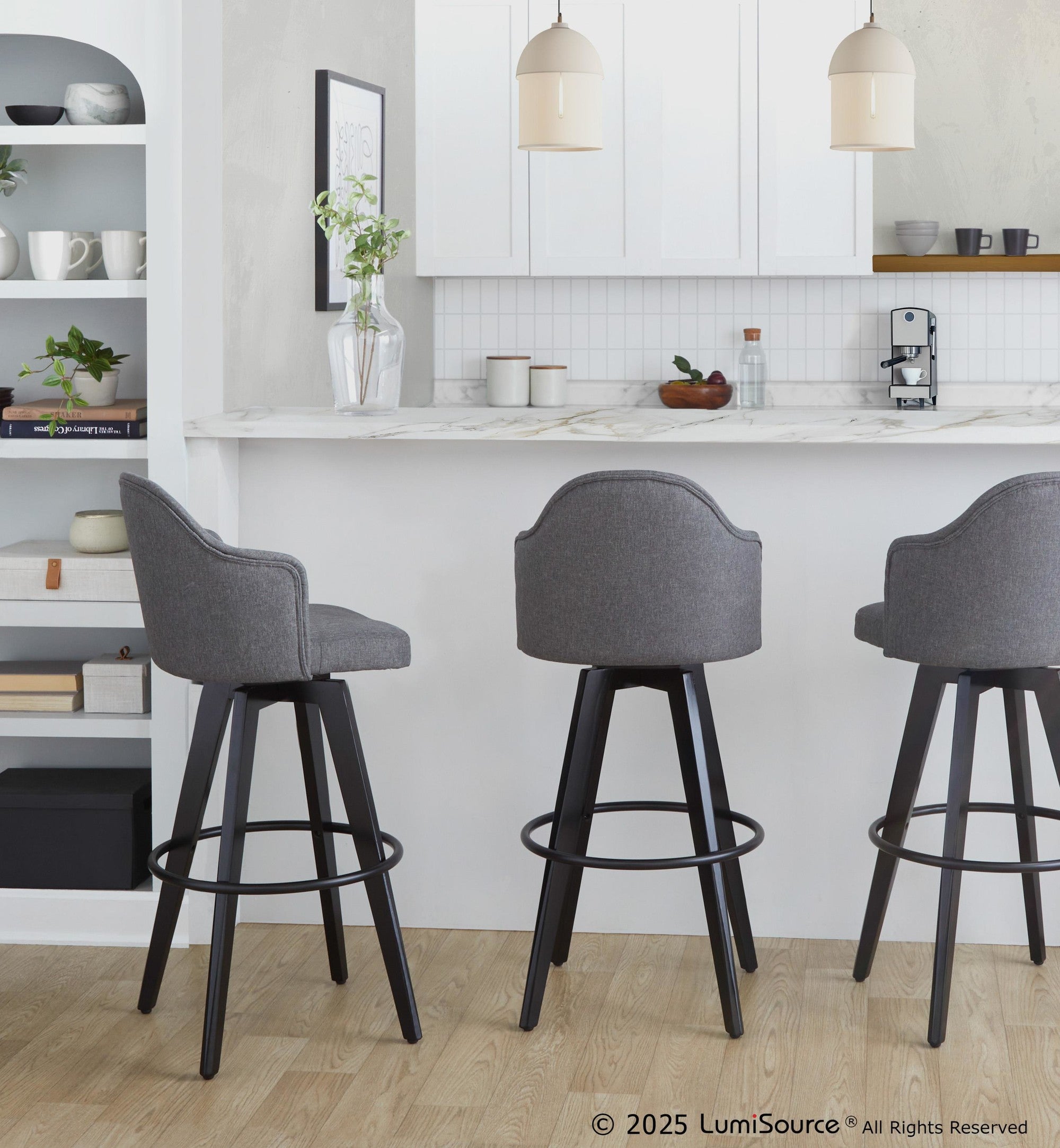Ahoy Upholstered 30" Fixed-Height Barstool - Set of 2 - Black Wood, Grey Fabric, Black Metal