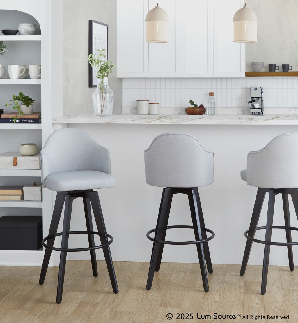 Ahoy Upholstered 30" Fixed-Height Barstool - Set of 2 - Black Wood, Light Grey Fabric, Black Metal