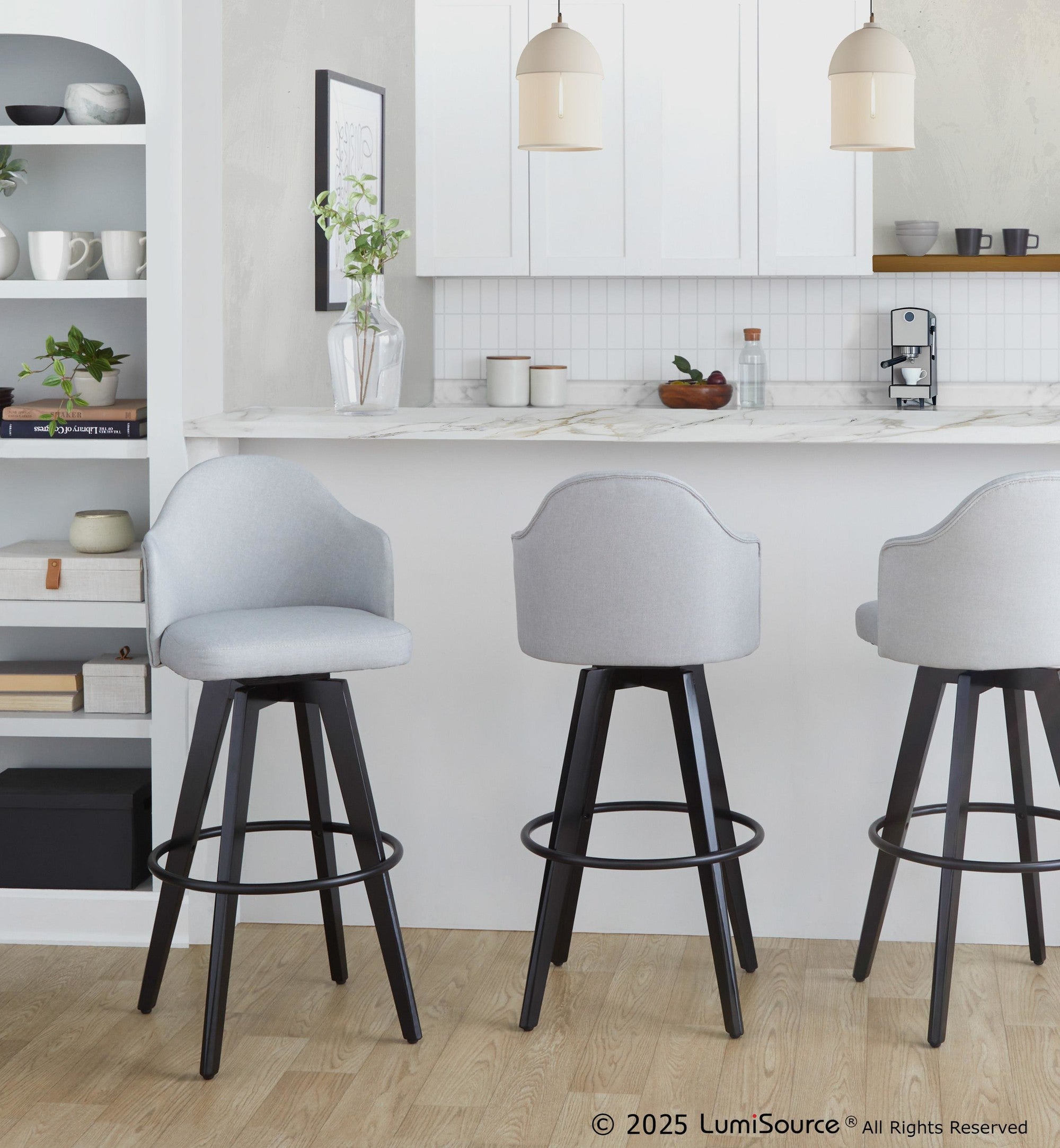 Ahoy Upholstered 30" Fixed-Height Barstool - Set of 2 - Black Wood, Light Grey Fabric, Black Metal