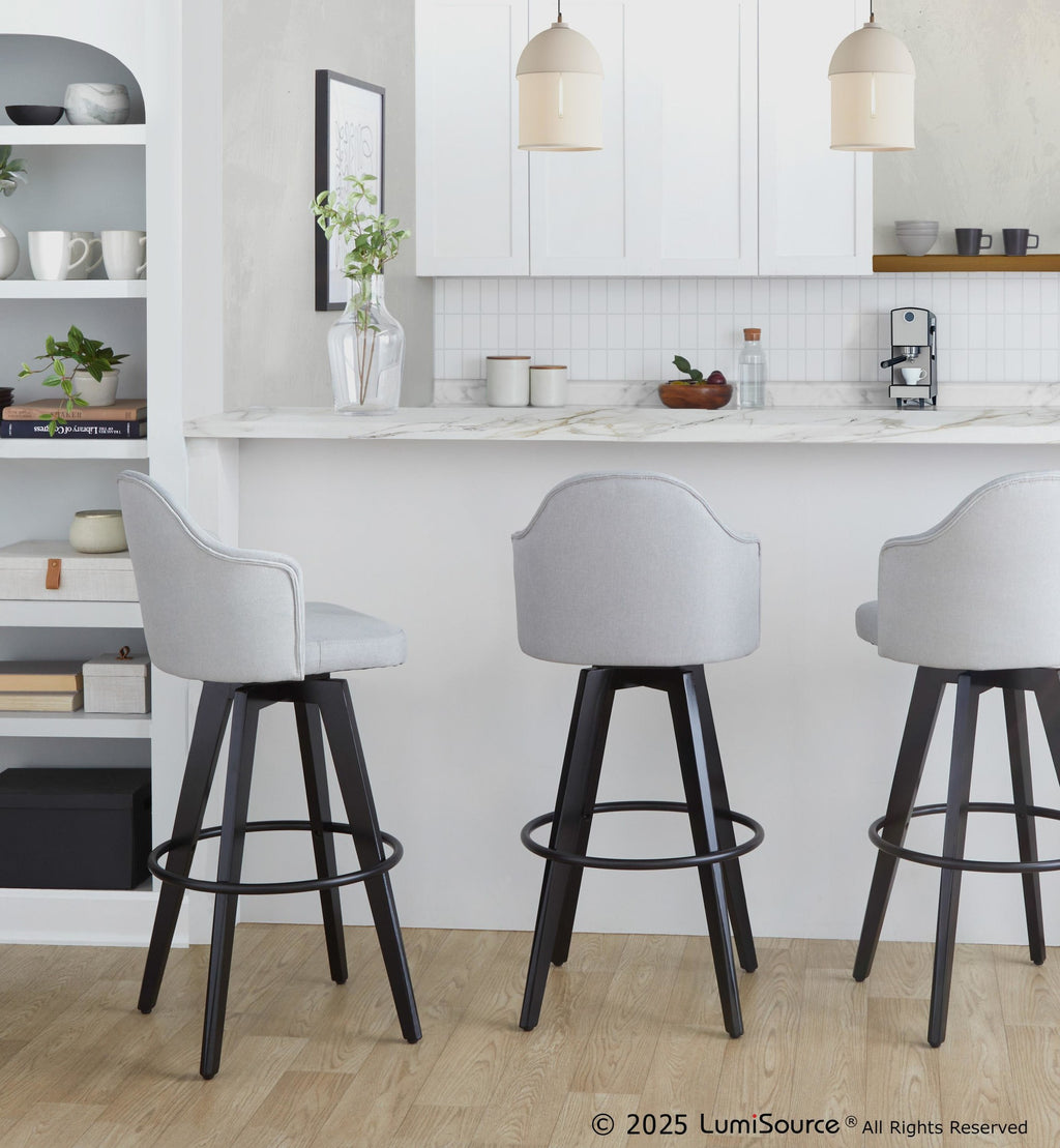 Ahoy Upholstered 30" Fixed-Height Barstool - Set of 2 - Black Wood, Light Grey Fabric, Black Metal