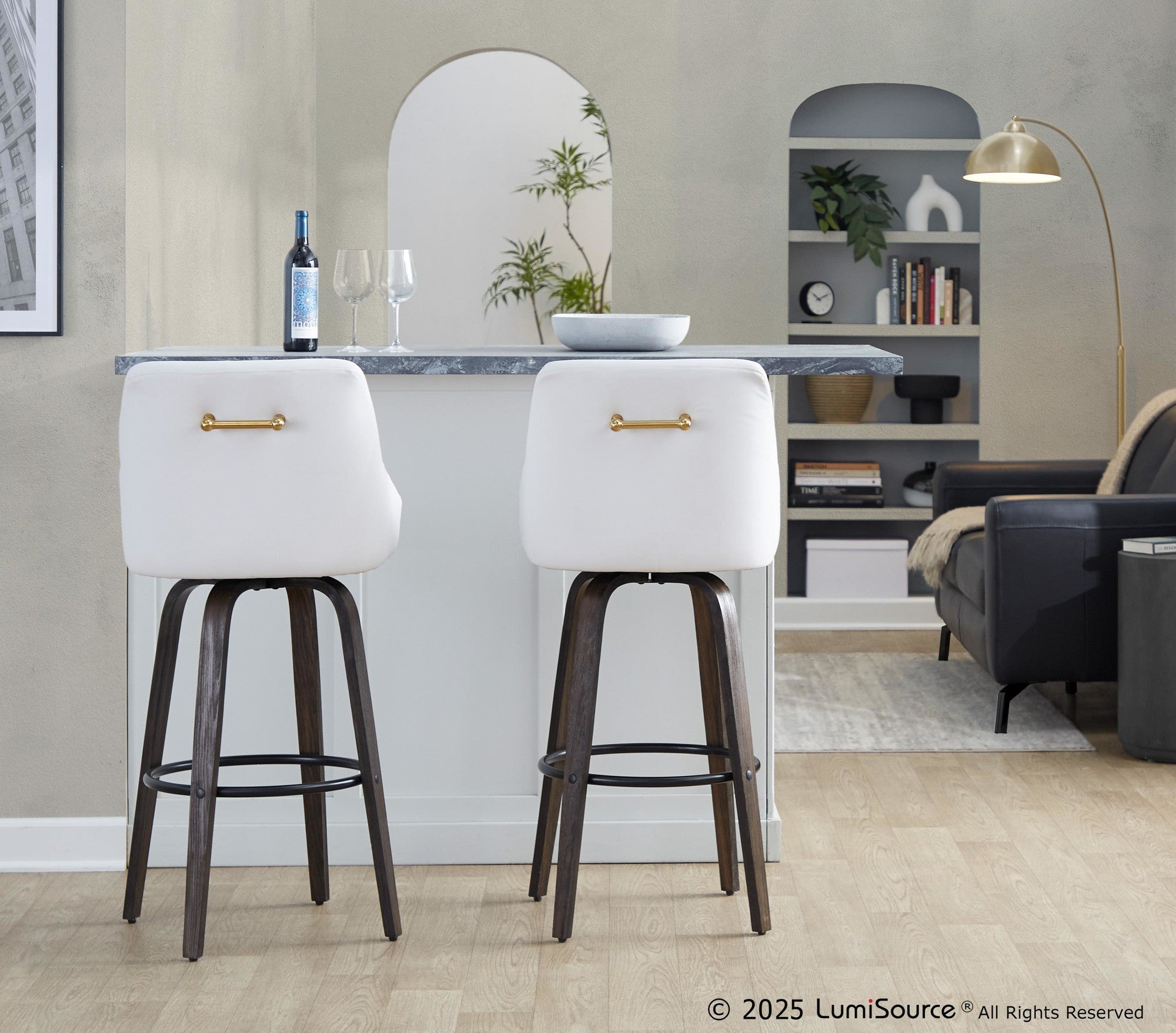 Hannah 30" Fixed-Height Barstool - Set of 2 - Walnut Glazed Wood, White PU, Gold Metal, Black Metal