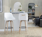 Hannah 30" Fixed-Height Barstool - Set of 2 - Whitewashed Wood, White PU, Gold Metal, Black Metal