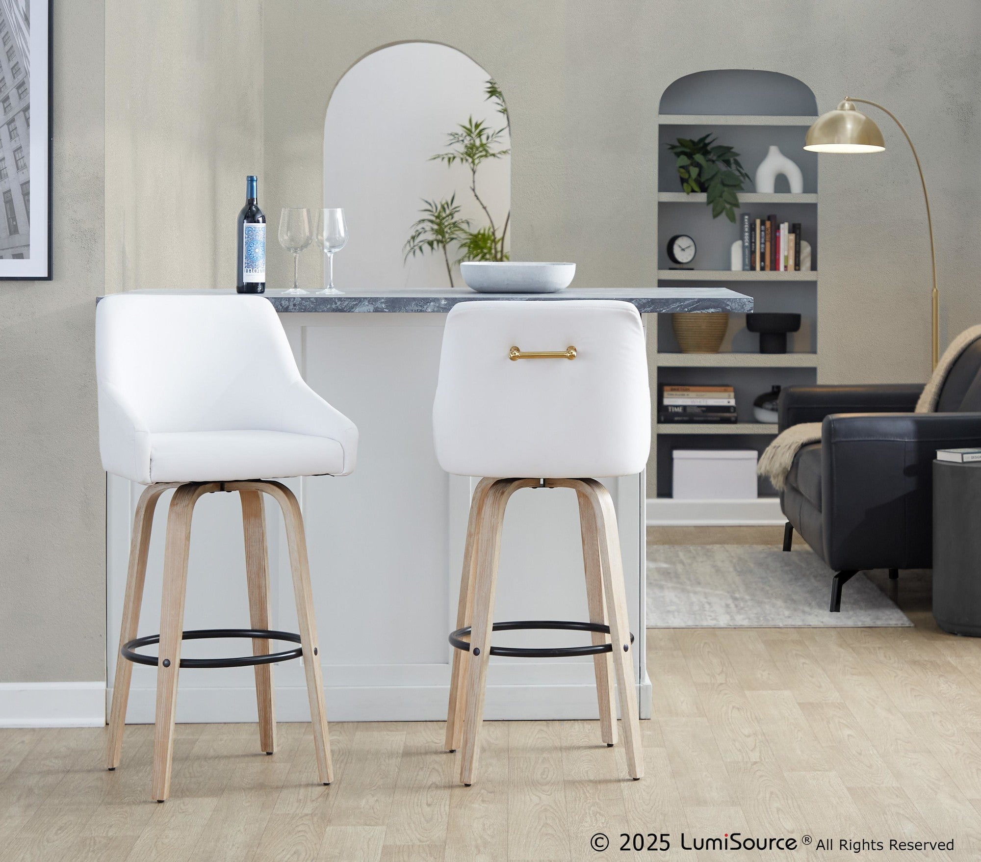 Hannah 30" Fixed-Height Barstool - Set of 2 - Whitewashed Wood, White PU, Gold Metal, Black Metal