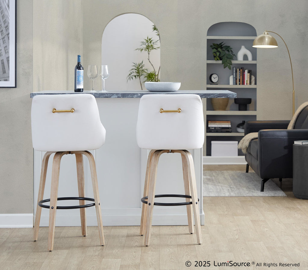 Hannah 30" Fixed-Height Barstool - Set of 2 - Whitewashed Wood, White PU, Gold Metal, Black Metal