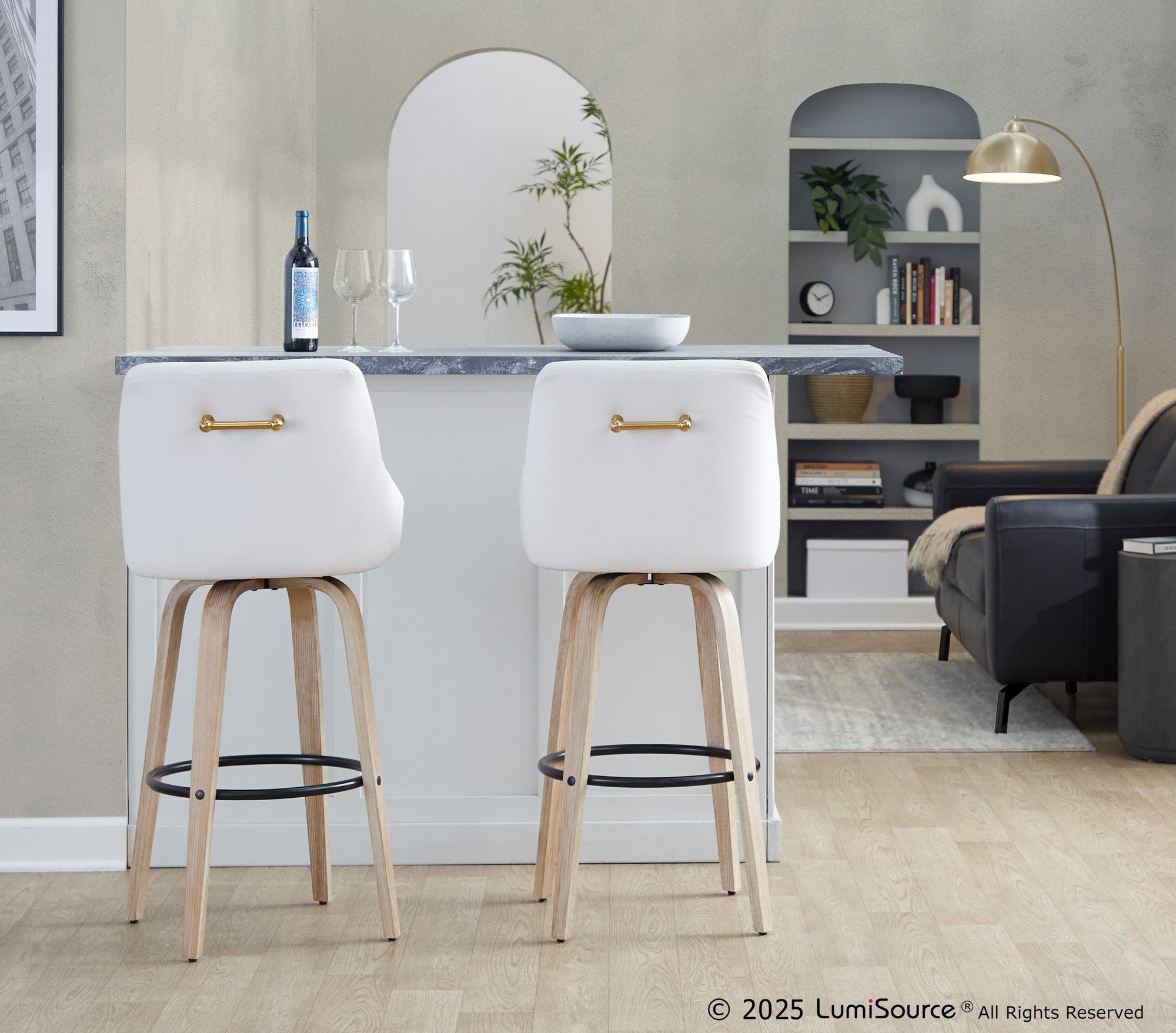 Hannah 30" Fixed-Height Barstool - Set of 2 - Whitewashed Wood, White PU, Gold Metal, Black Metal