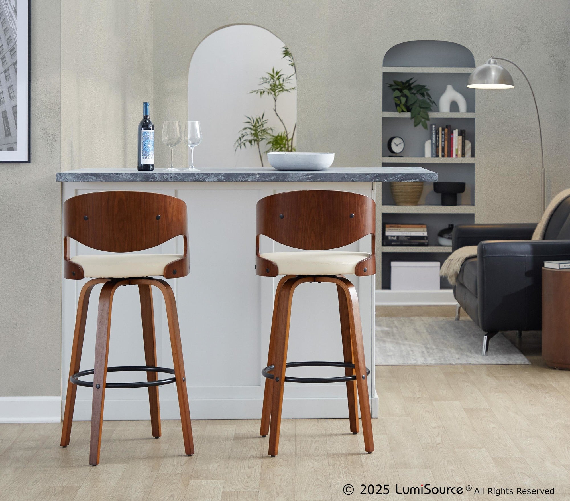 Pino 30" Fixed-Height Barstool - Set of 2 - Walnut Wood, Cream PU, Black Metal