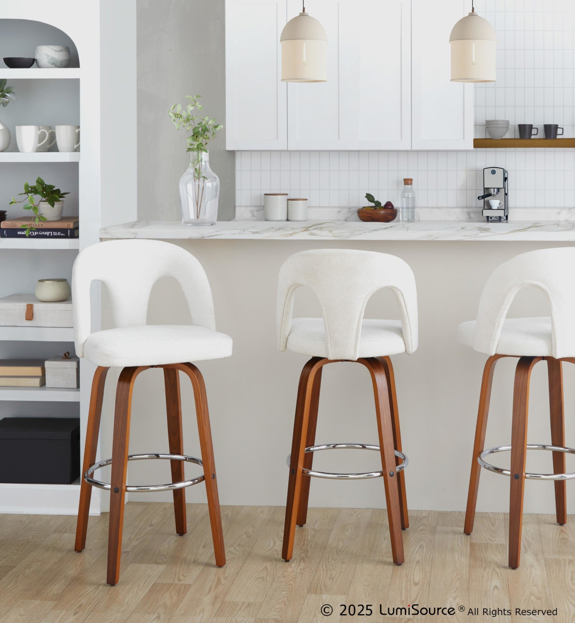 Ava Upholstered 30" Fixed-Height Barstool - Set of 2 - Walnut Wood, Snow White Fabric, Chrome Metal