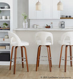Ava Upholstered 30" Fixed-Height Barstool - Set of 2 - Walnut Wood, Snow White Fabric, Chrome Metal
