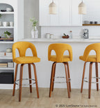 Ava Upholstered 30" Fixed-Height Barstool - Set of 2 - Walnut Wood, Yellow Fabric, Chrome Metal