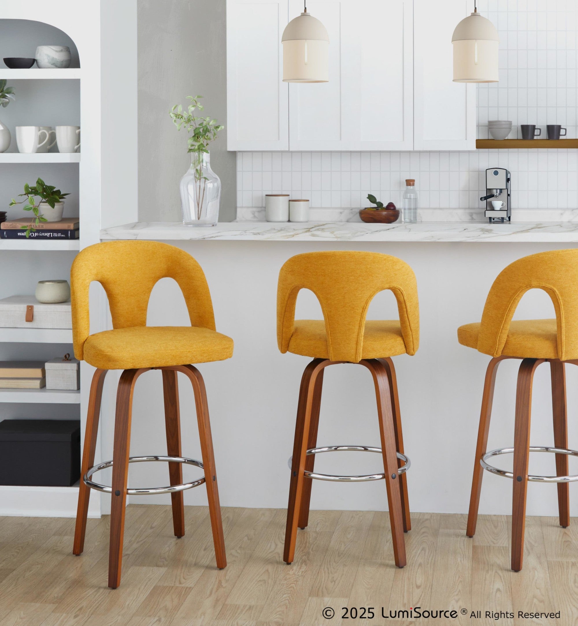 Ava Upholstered 30" Fixed-Height Barstool - Set of 2 - Walnut Wood, Yellow Fabric, Chrome Metal