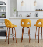 Ava Upholstered 30" Fixed-Height Barstool - Set of 2 - Walnut Wood, Yellow Fabric, Chrome Metal