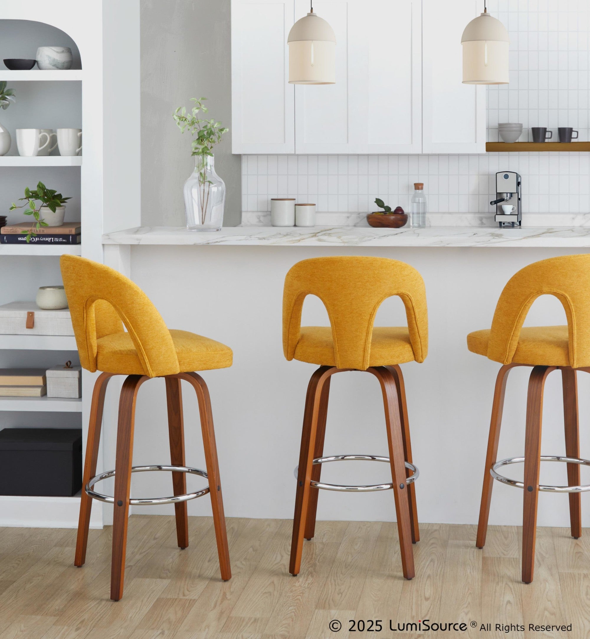 Ava Upholstered 30" Fixed-Height Barstool - Set of 2 - Walnut Wood, Yellow Fabric, Chrome Metal