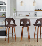 Ava Upholstered 30" Fixed-Height Barstool - Set of 2 - Walnut Wood, Espresso Velvet, Chrome Metal