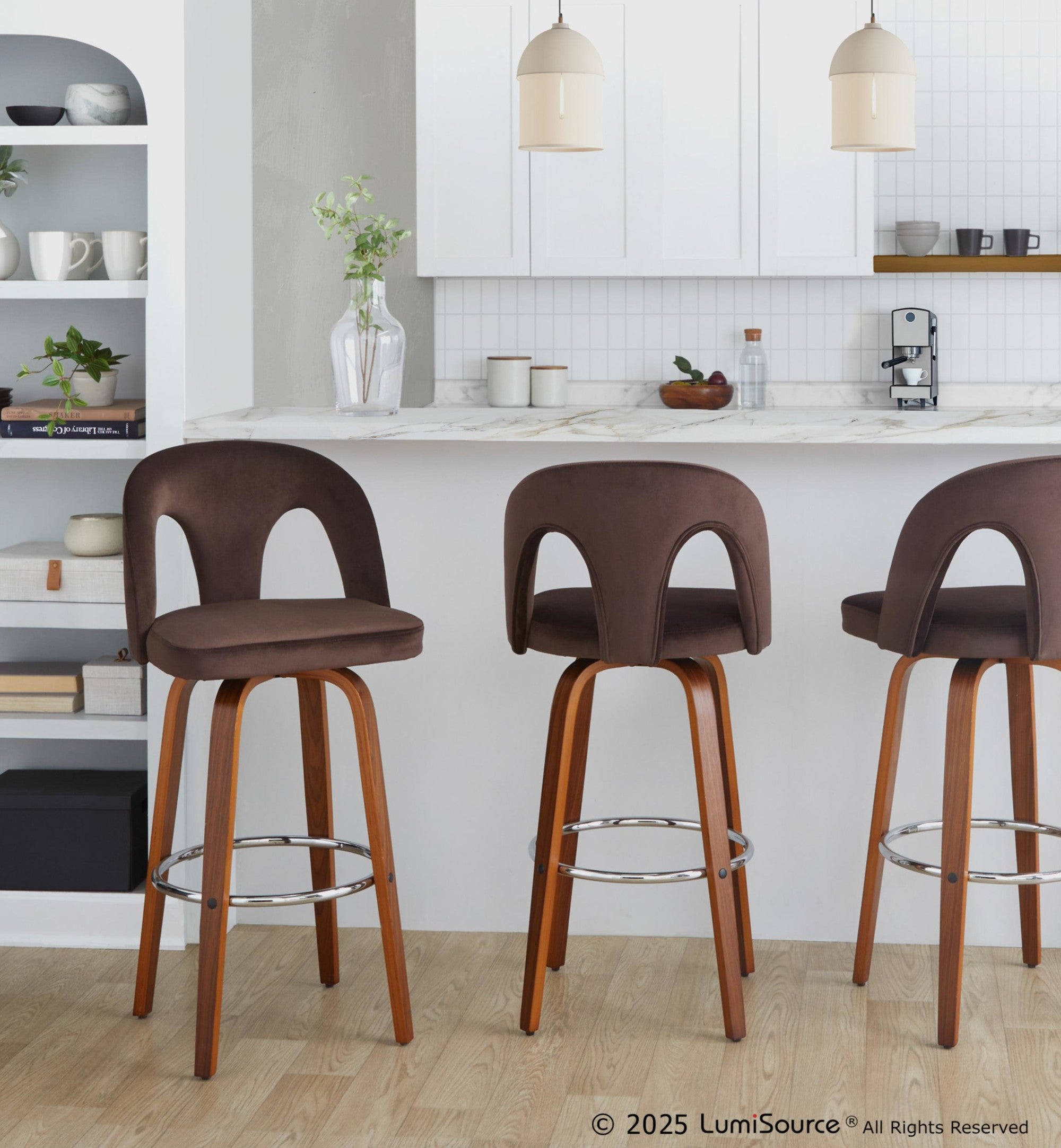 Ava Upholstered 30" Fixed-Height Barstool - Set of 2 - Walnut Wood, Espresso Velvet, Chrome Metal