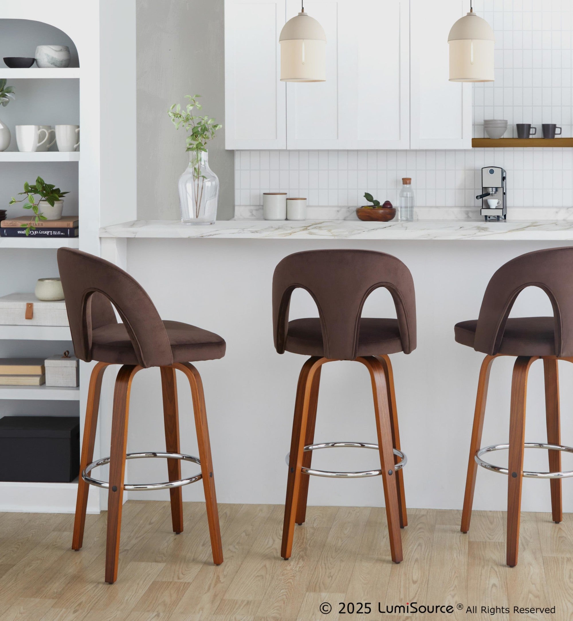 Ava Upholstered 30" Fixed-Height Barstool - Set of 2 - Walnut Wood, Espresso Velvet, Chrome Metal