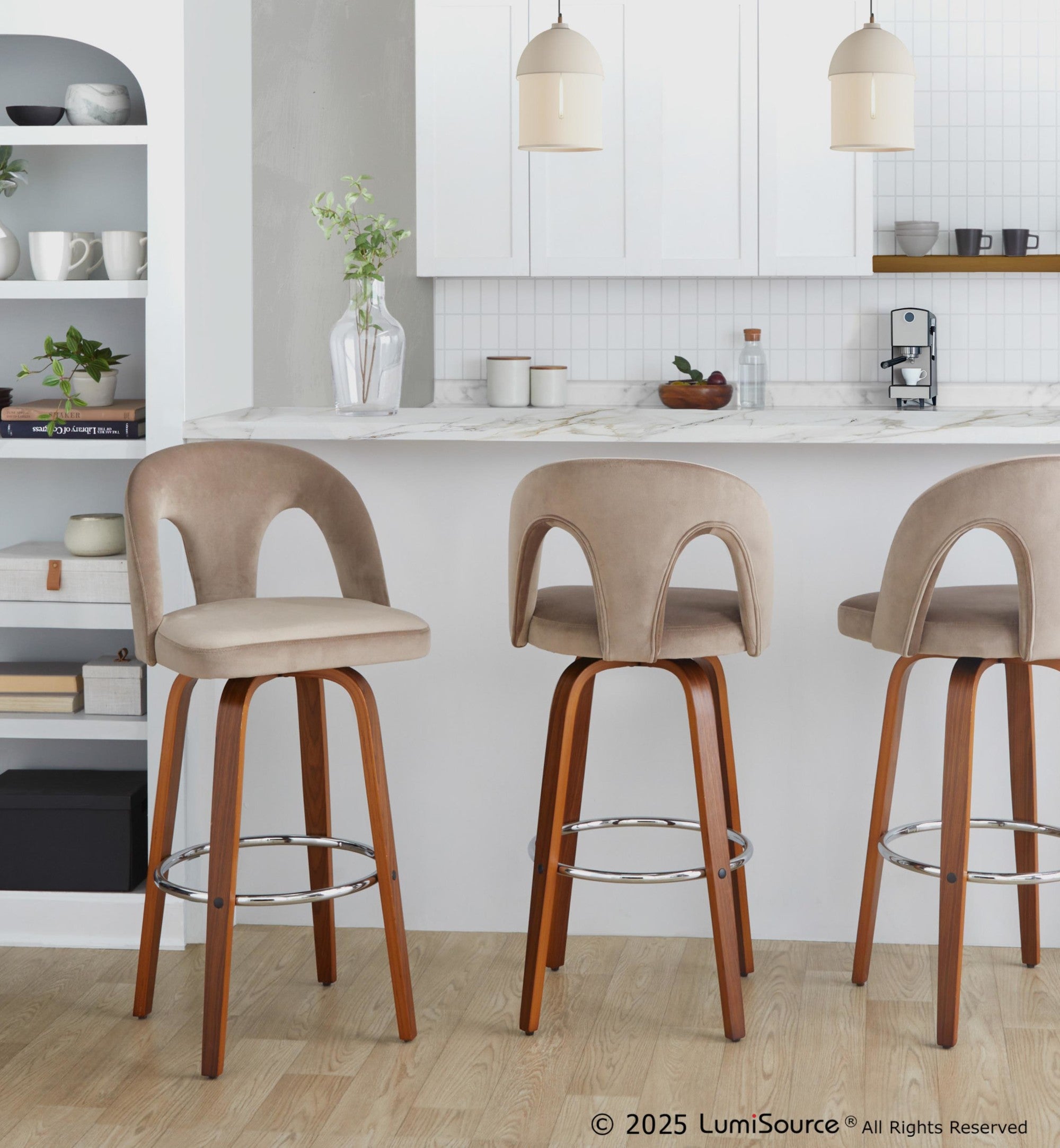 Ava Upholstered 30" Fixed-Height Barstool - Set of 2 - Walnut Wood, Taupe Velvet, Chrome Metal