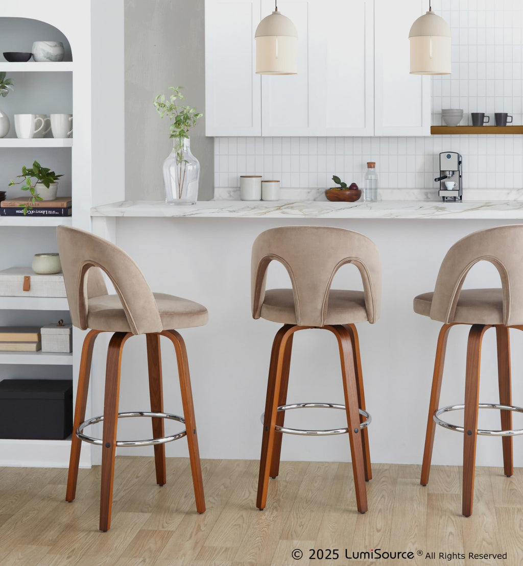 Ava Upholstered 30" Fixed-Height Barstool - Set of 2 - Walnut Wood, Taupe Velvet, Chrome Metal