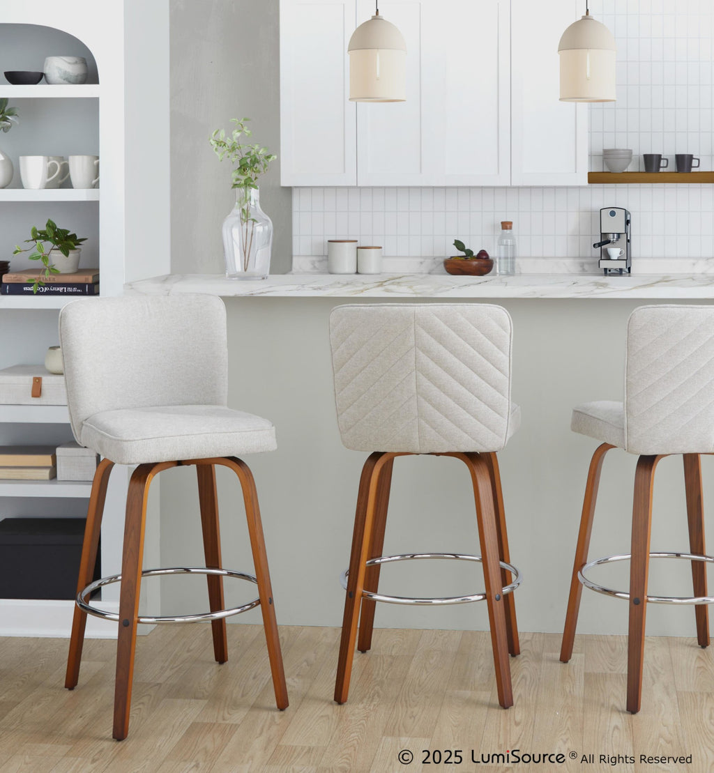 Henry 30" Fixed-Height Xl Barstool - Set of 2 - Walnut Wood, Beige Fabric, Chrome Metal