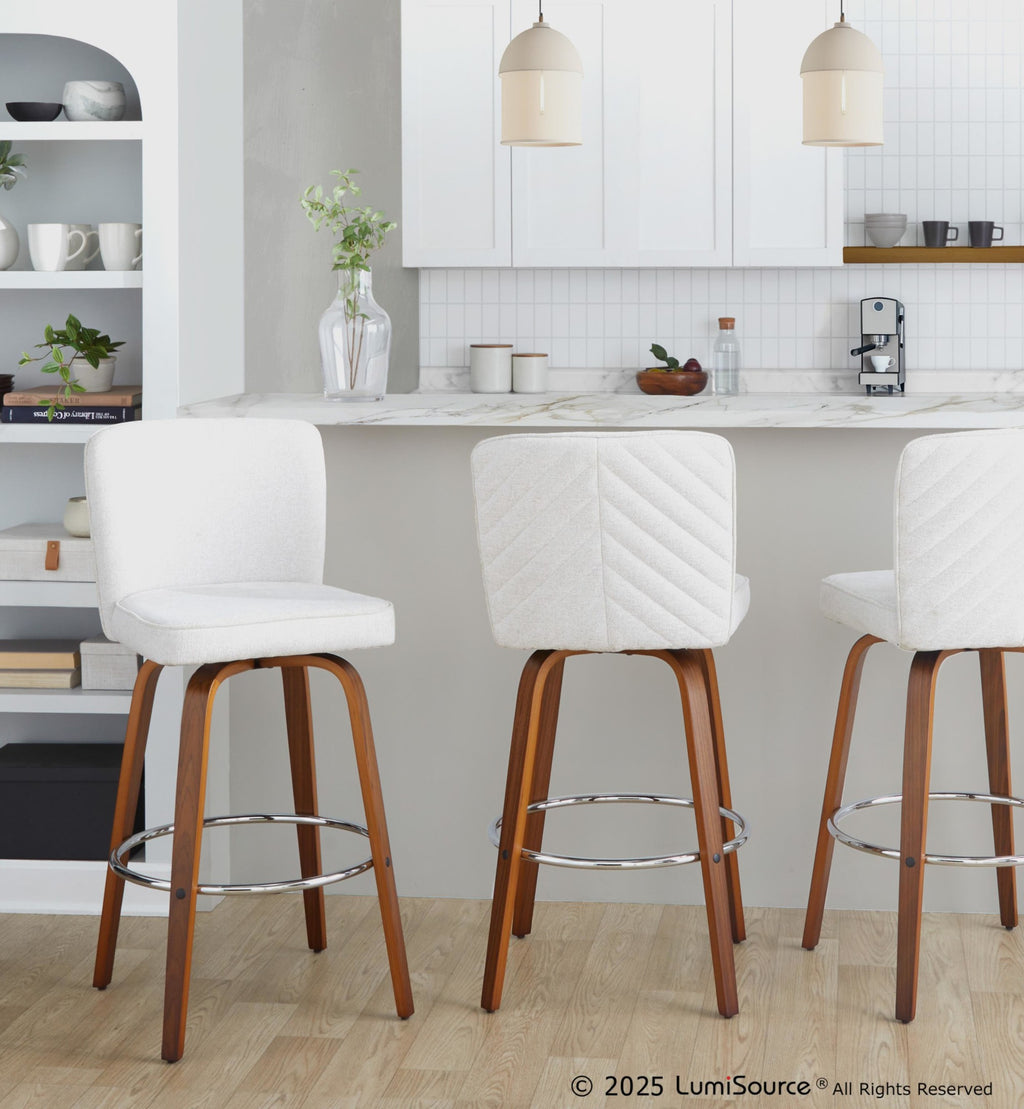 Henry 30" Fixed-Height Xl Barstool - Set of 2 - Walnut Wood, White Fabric, Chrome Metal